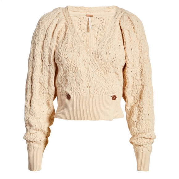 Free People Olive You Surplice V-Neck Texture Cable Wrap Cardigan In Macadamia - Picture 8 of 13